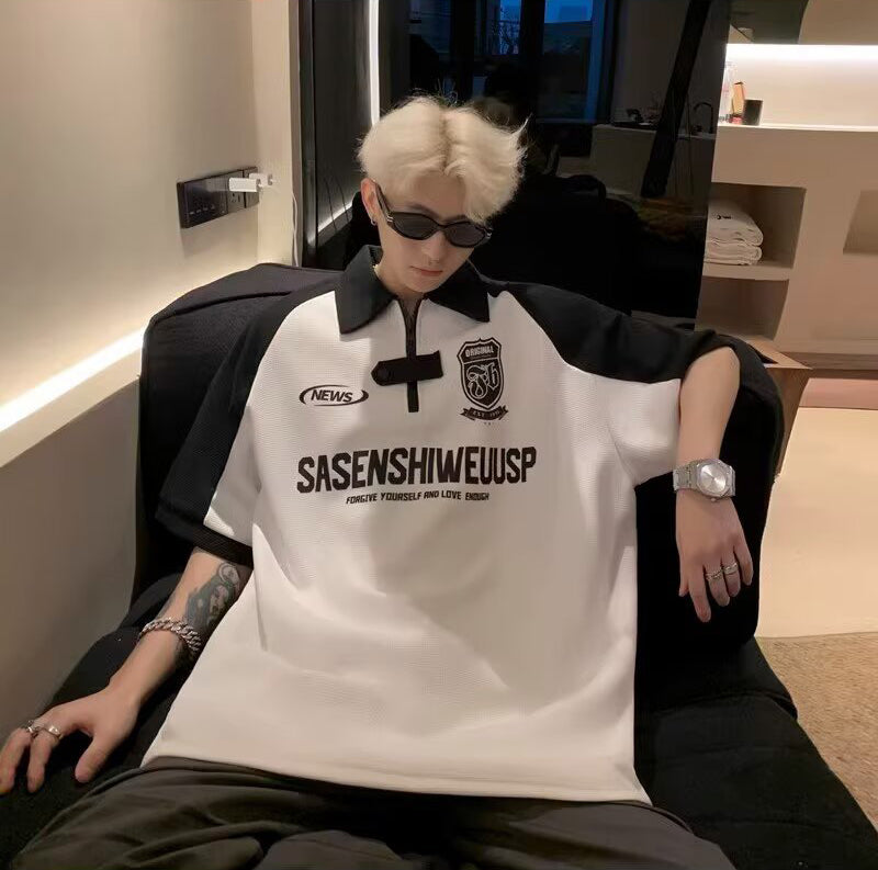 Typography Printed Polo Collar Drop-Shoulder Sleeves Oversized T-shirt