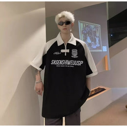 Typography Printed Polo Collar Oversized T-shirt