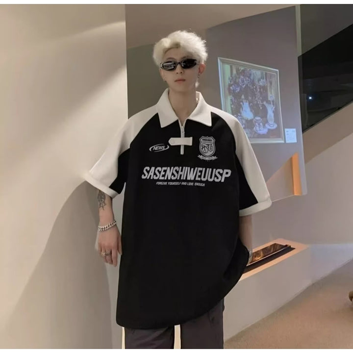 Typography Printed Polo Collar Oversized T-shirt