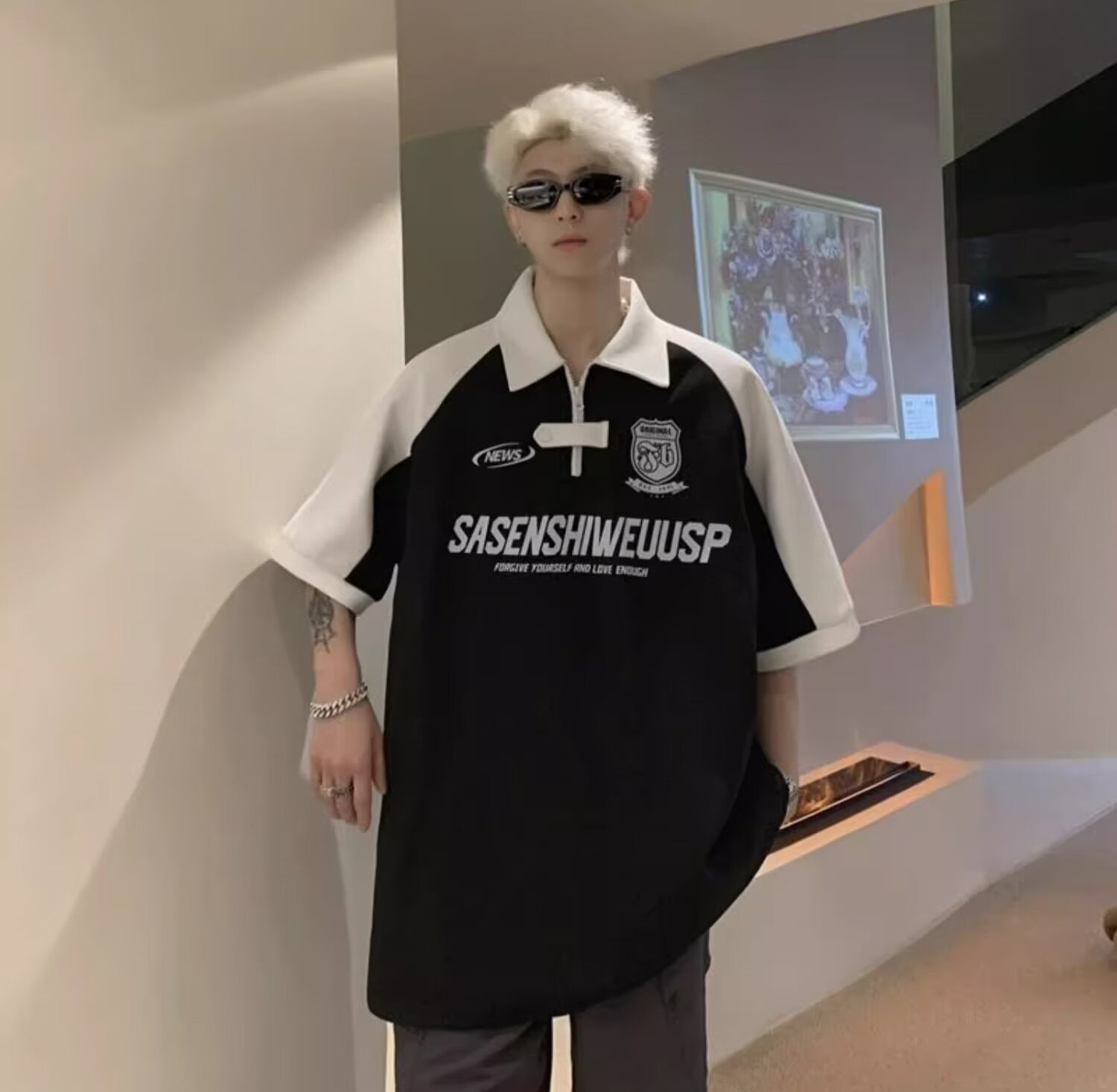 Typography Printed Polo Collar Oversized T-shirt