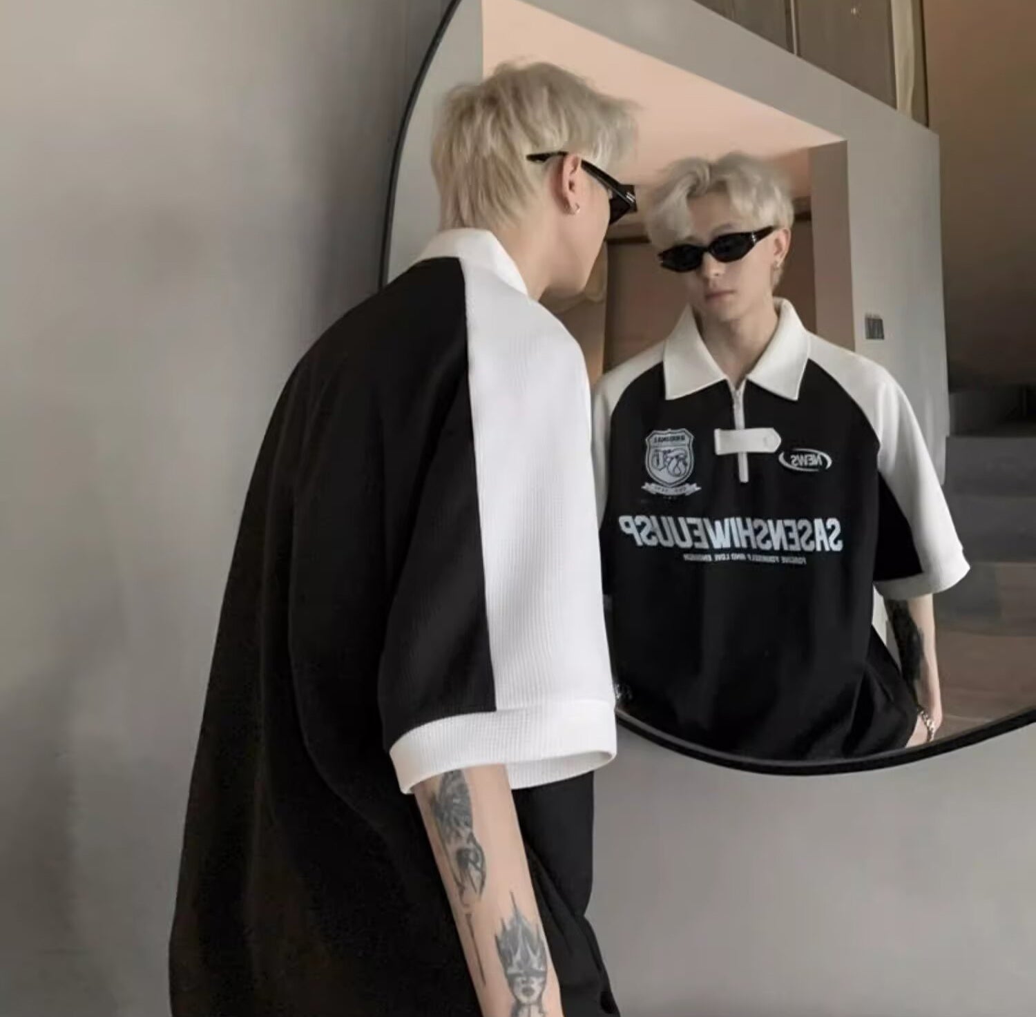 Typography Printed Polo Collar Oversized T-shirt