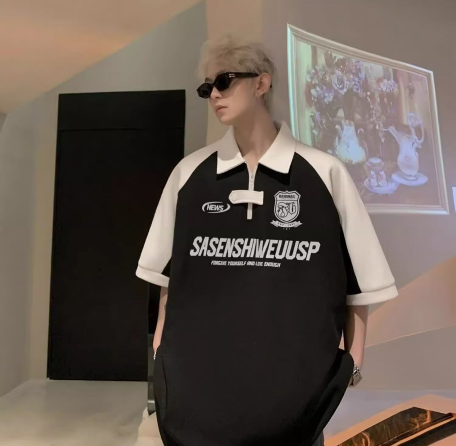 Typography Printed Polo Collar Oversized T-shirt