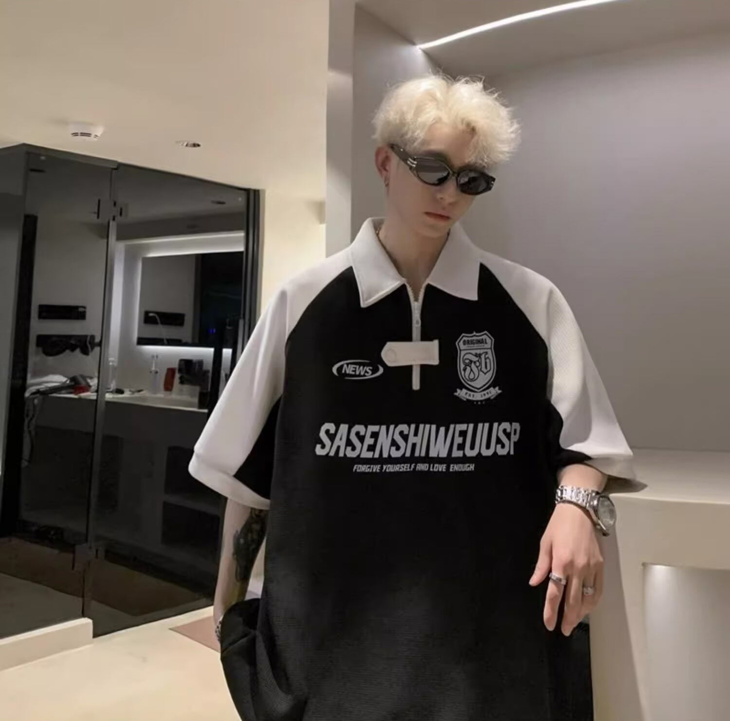 Typography Printed Polo Collar Oversized T-shirt