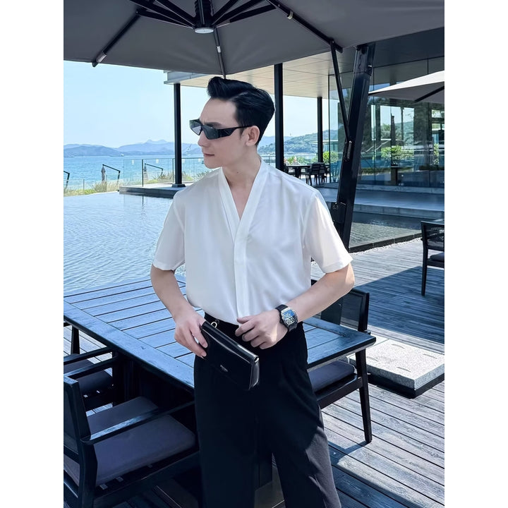 Collarless Short Sleeves Shirt