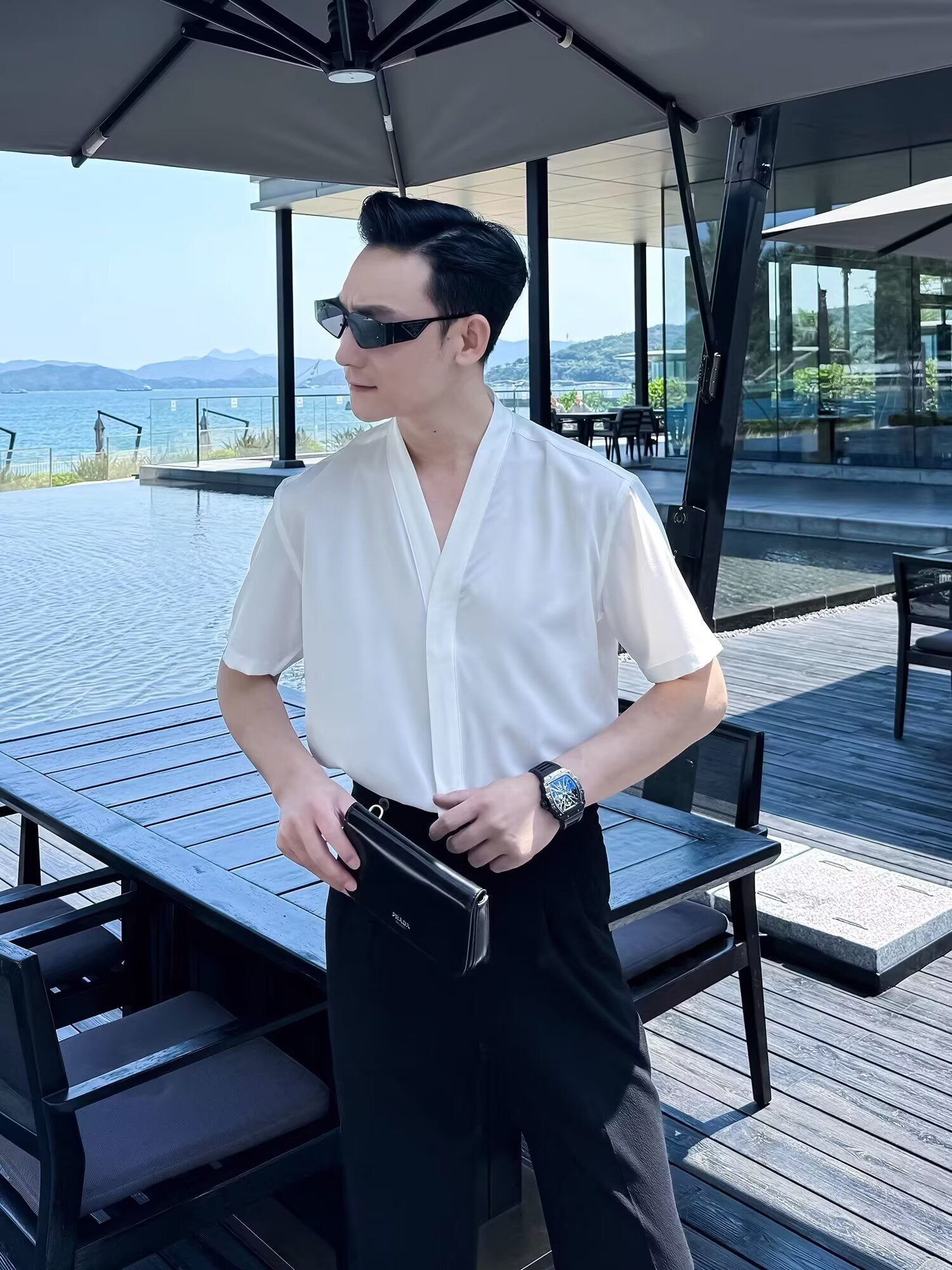 Collarless Short Sleeves Shirt