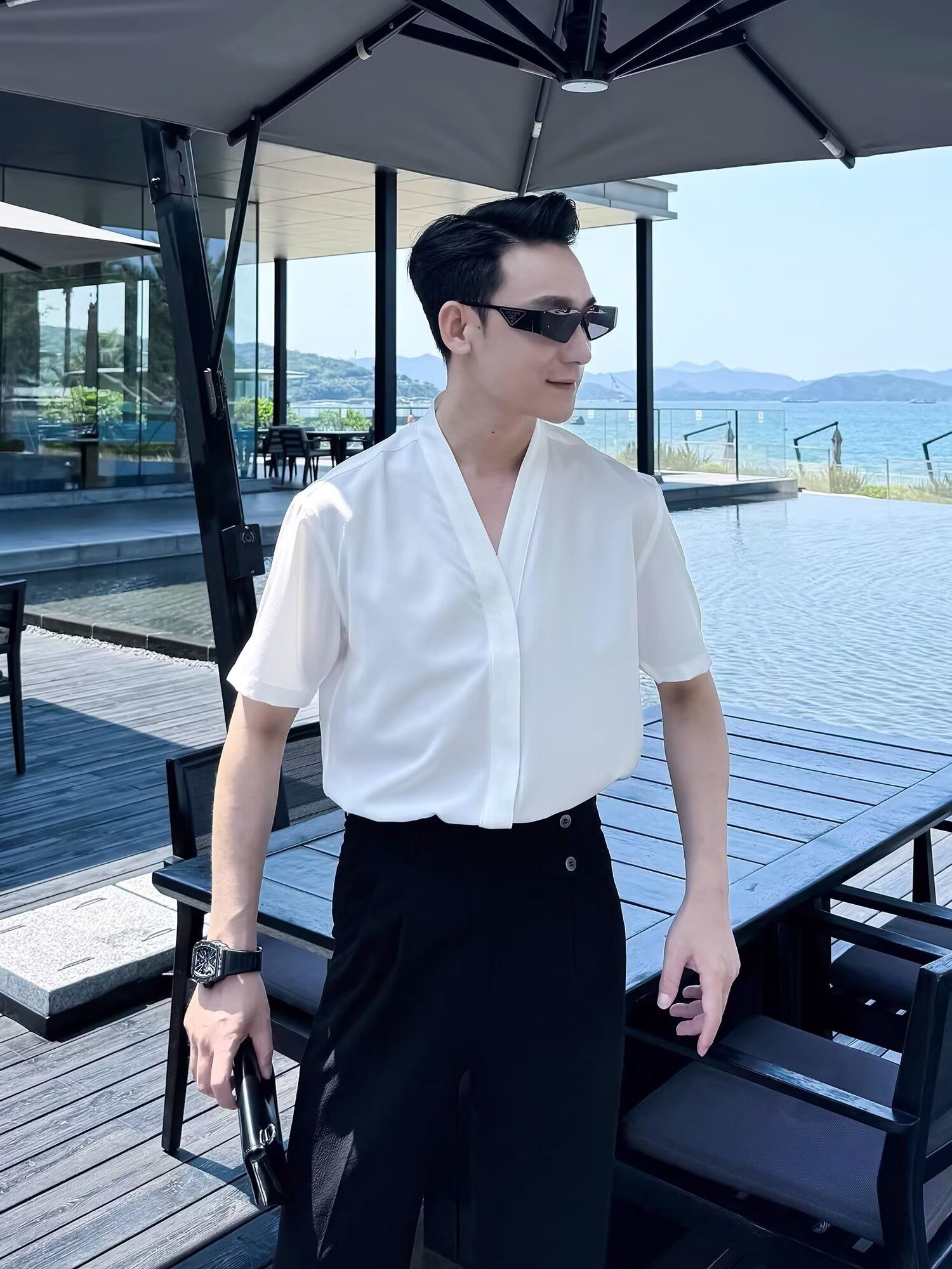 Collarless Short Sleeves Shirt