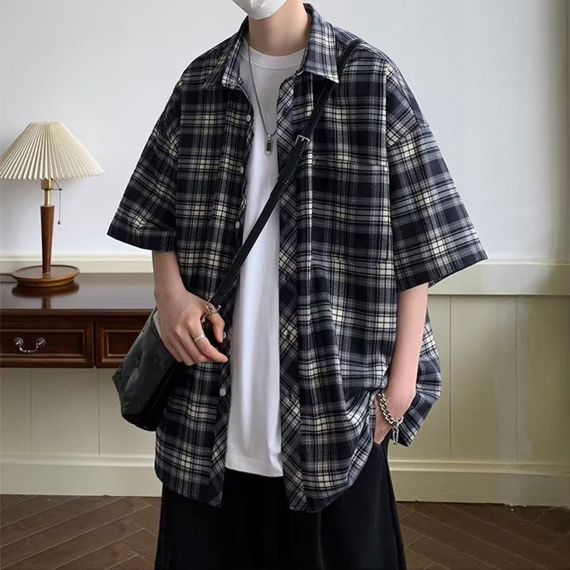 Checked Cutaway Collar Boxy Shirt