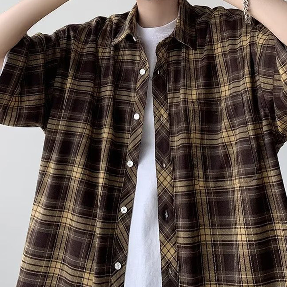 Men Boxy Fit Buffalo Checked Spread Collar Casual Shirt
