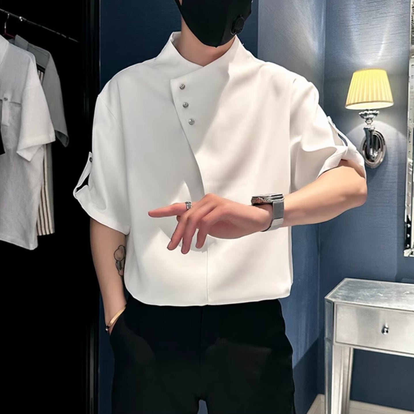 Men Solid Collarless Casual Shirt