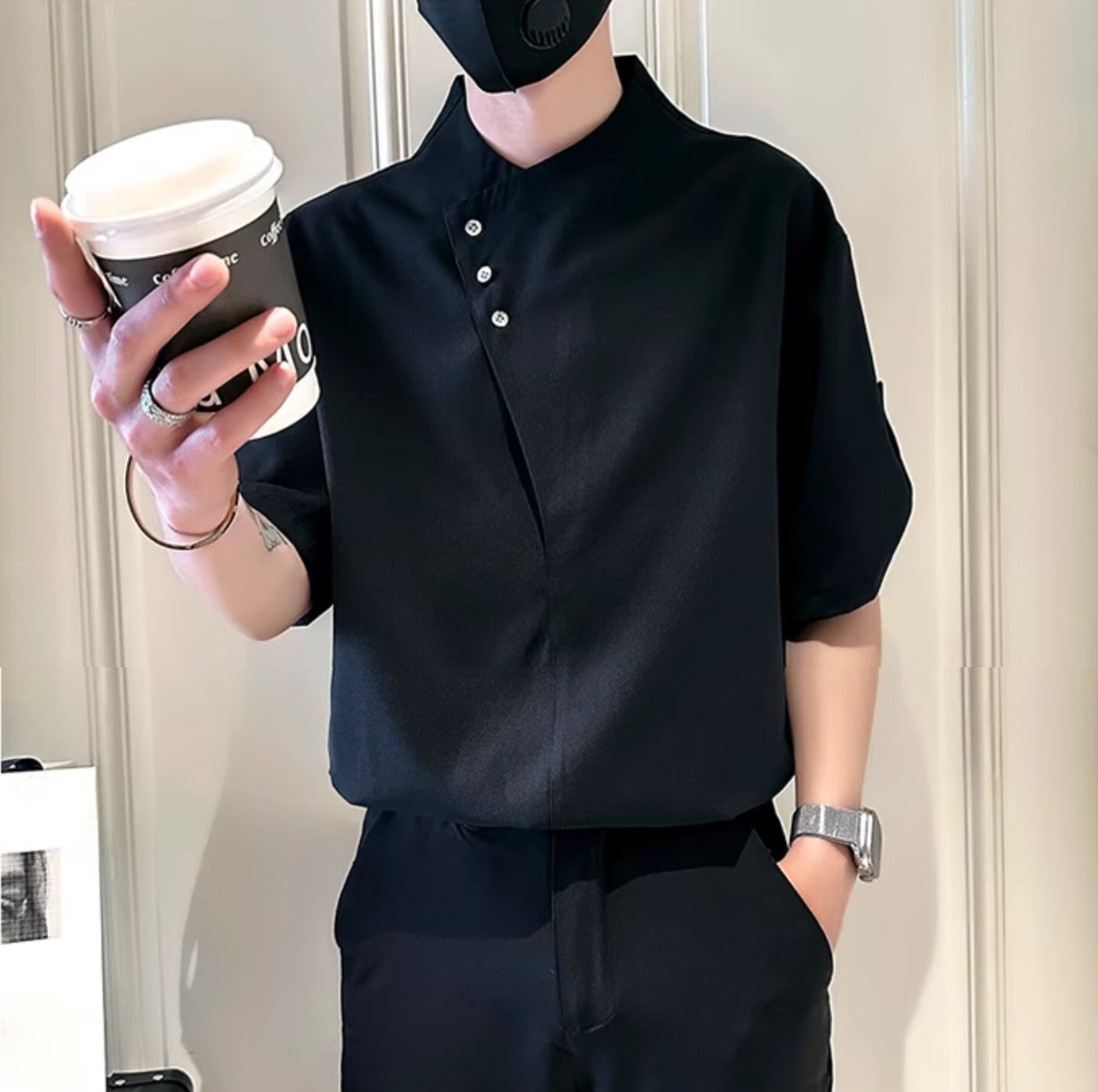 Men Solid Collarless Casual Shirt