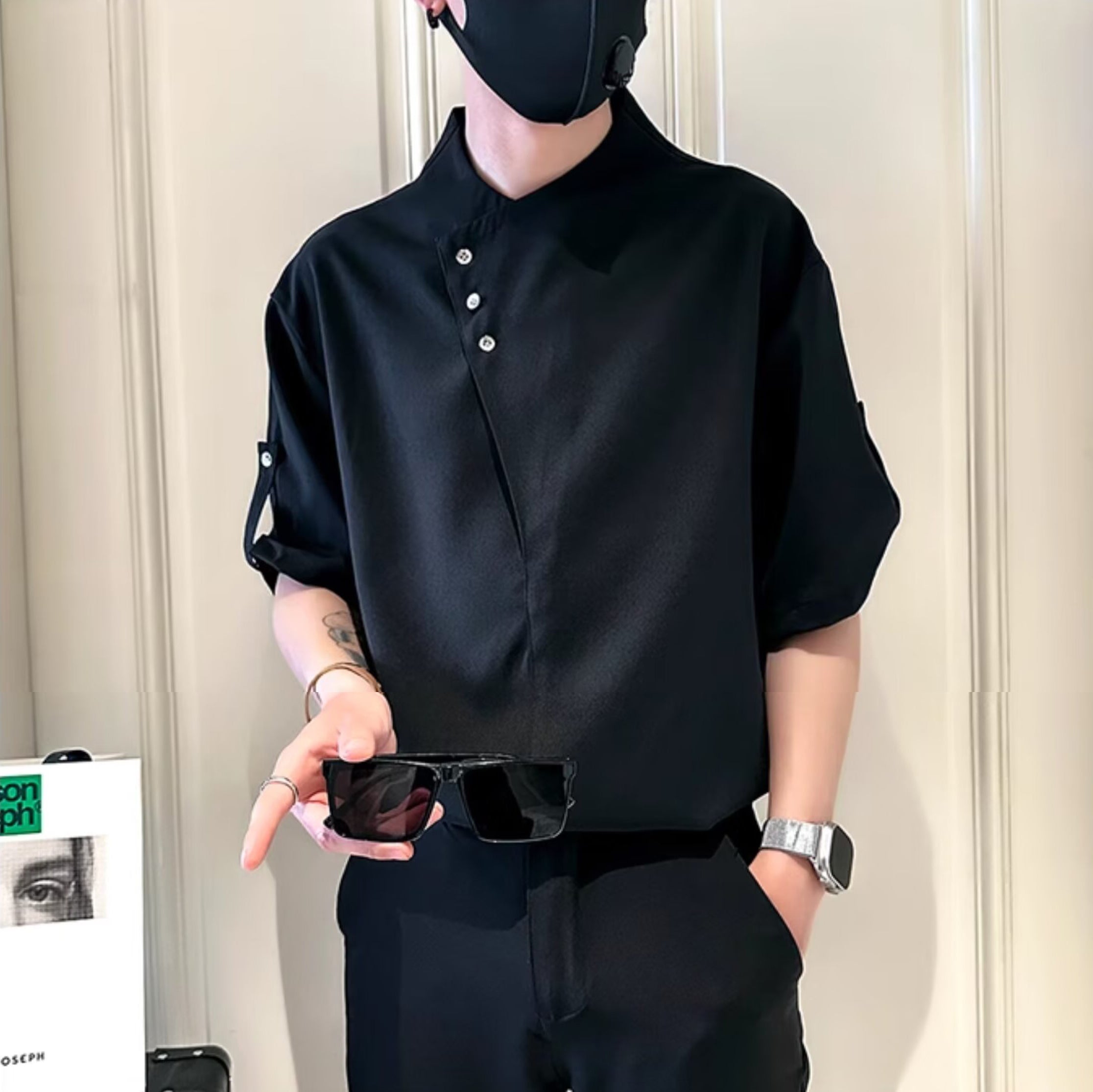 Men Solid Collarless Casual Shirt