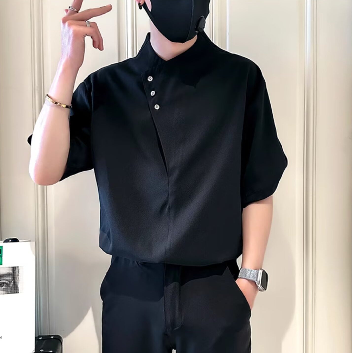 Men Solid Collarless Casual Shirt