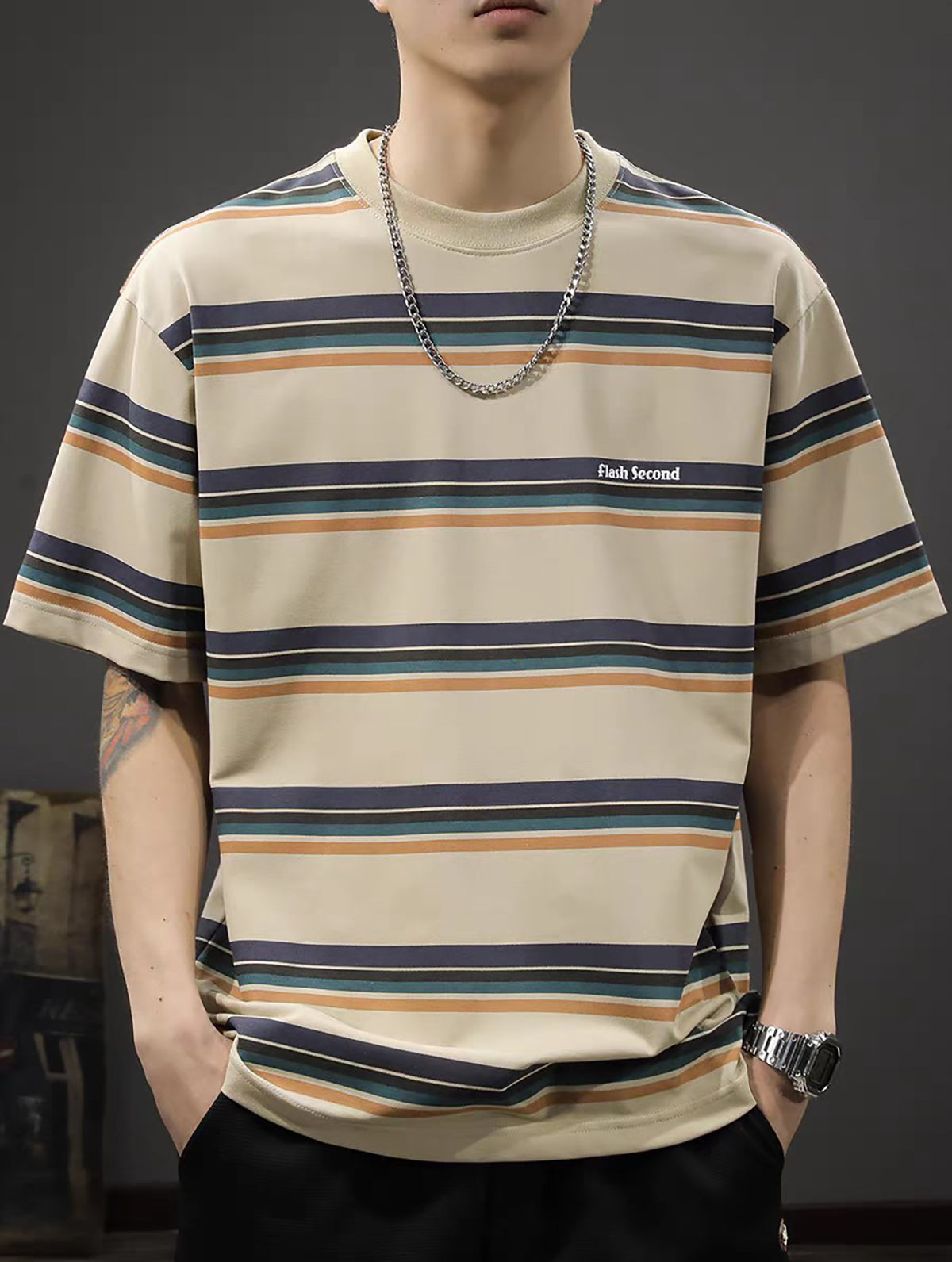 Men Striped Round Neck Oversized T-shirt