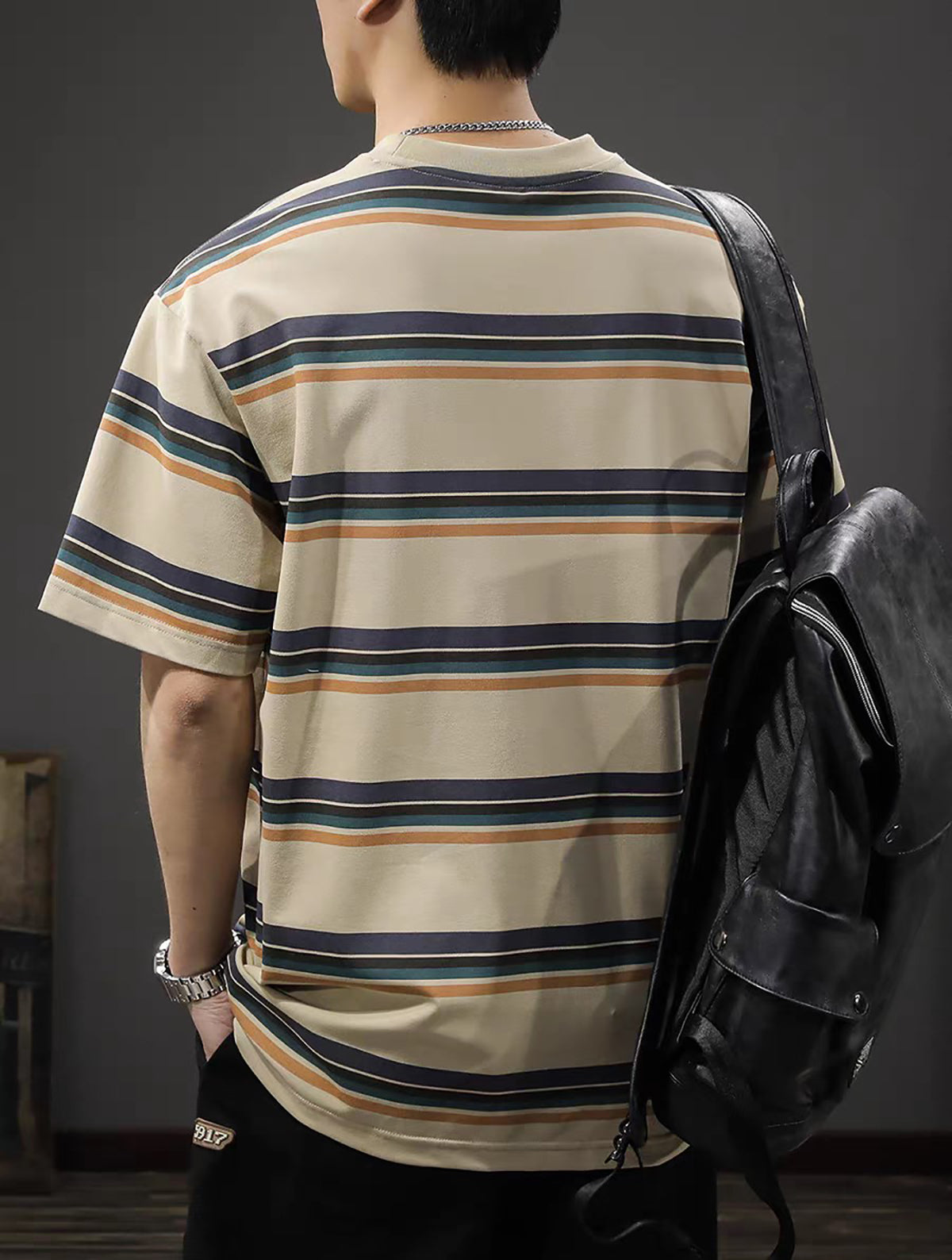 Men Striped Round Neck Oversized T-shirt