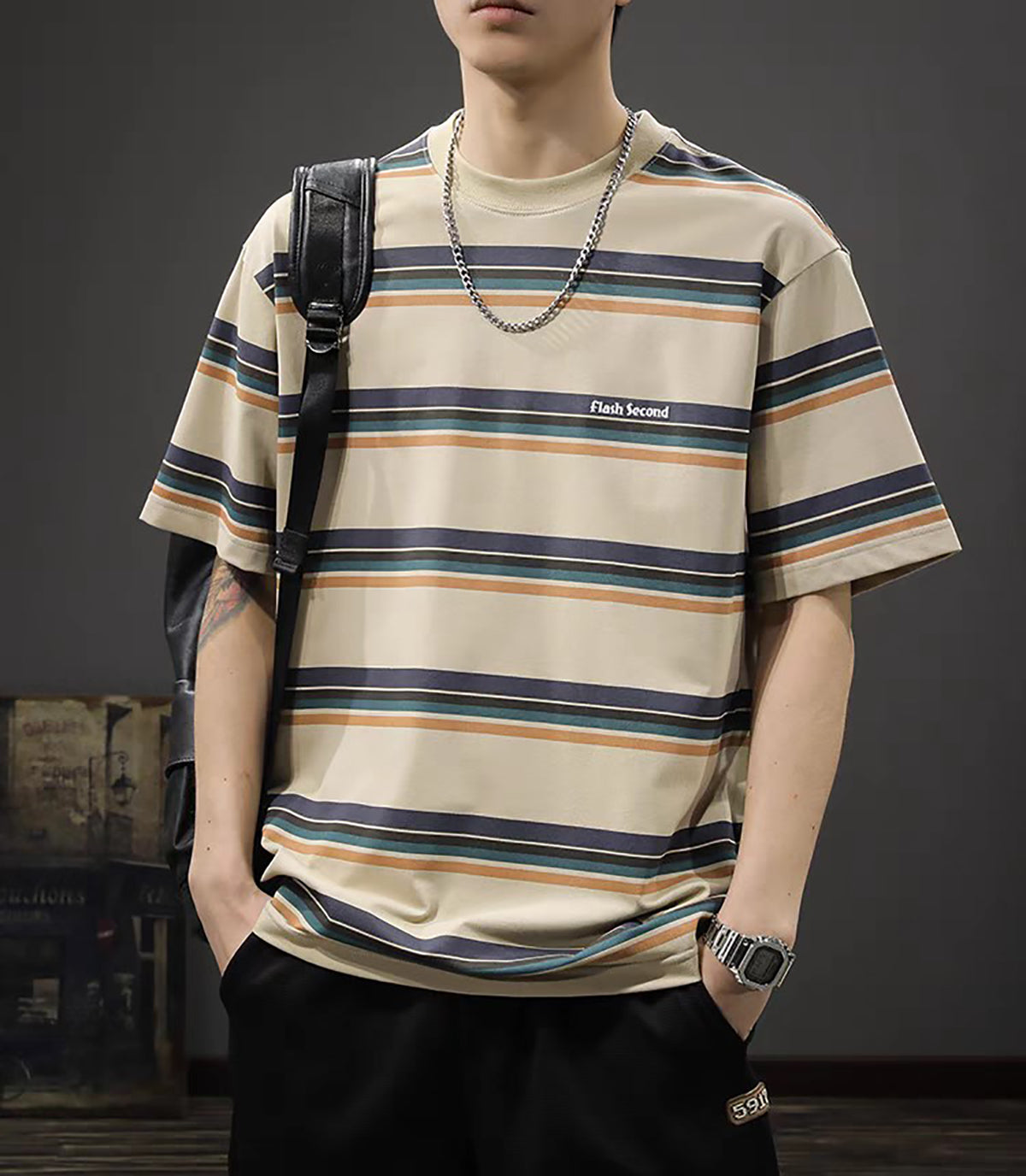 Men Striped Round Neck Oversized T-shirt
