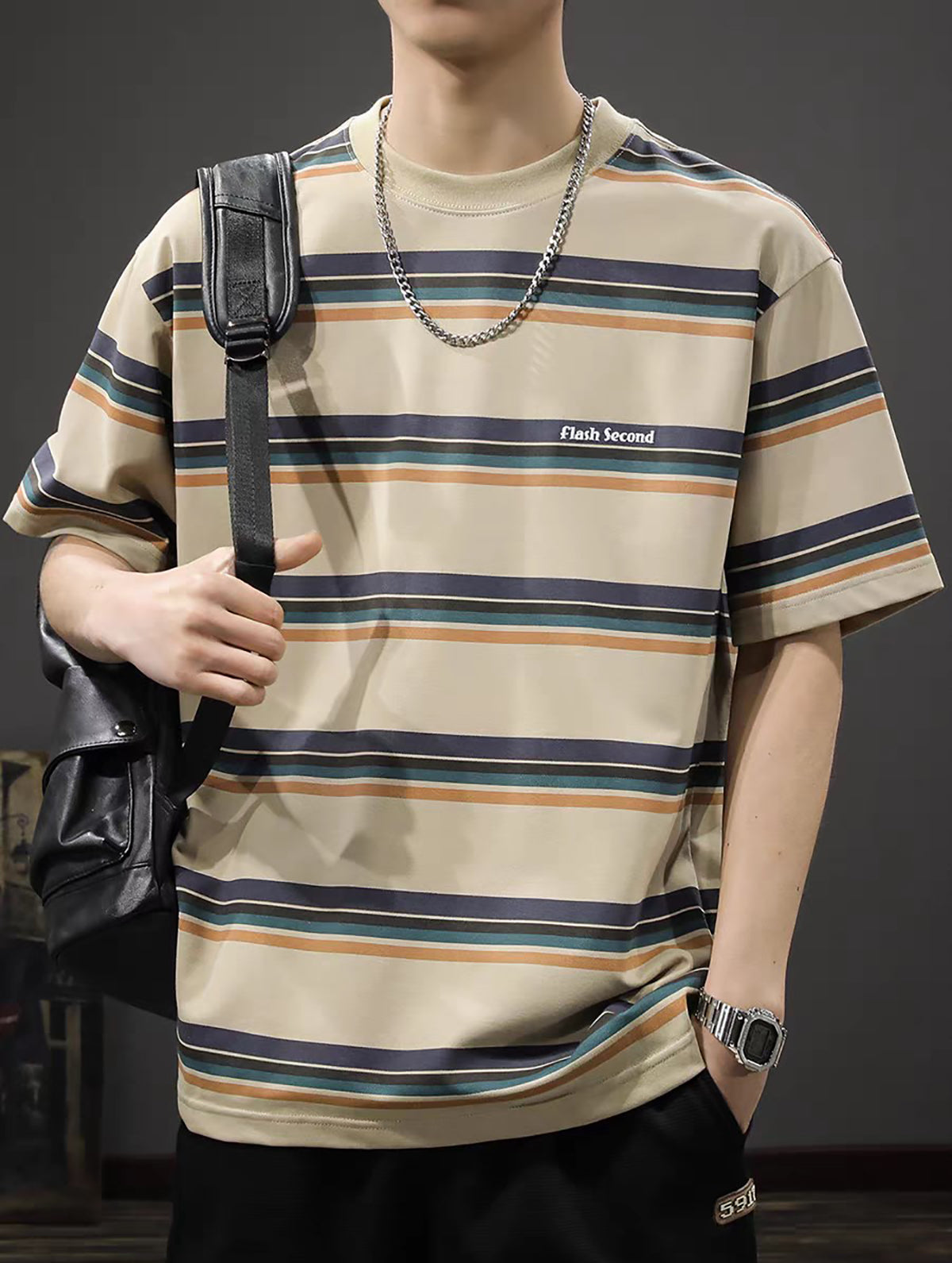 Men Striped Round Neck Oversized T-shirt