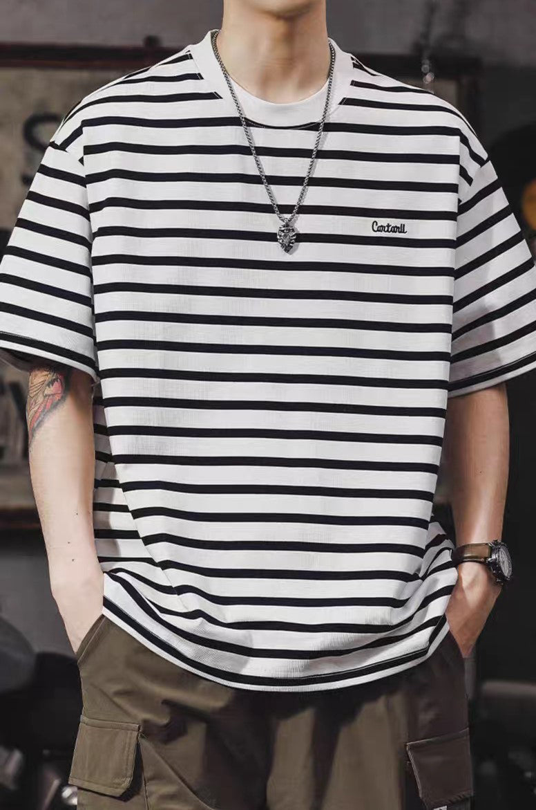 Men Striped Round Neck Oversized T-shirt