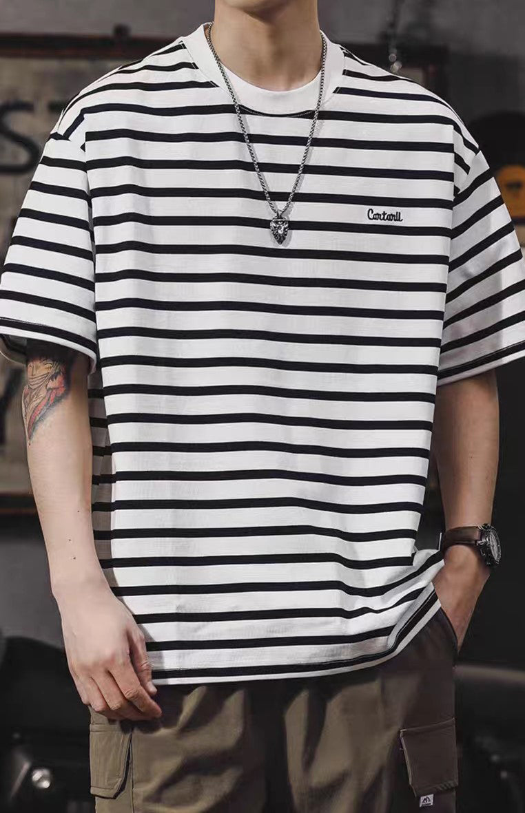 Men Striped Round Neck Oversized T-shirt