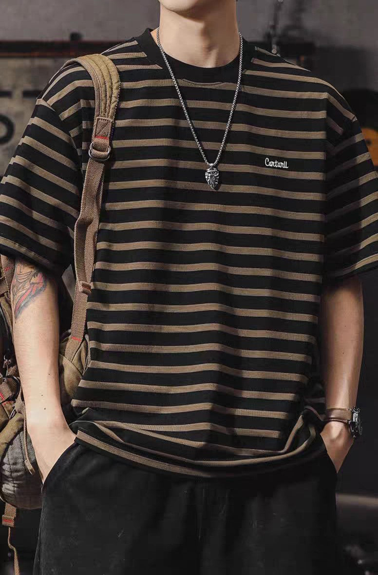 Men Striped Round Neck Oversized T-shirt
