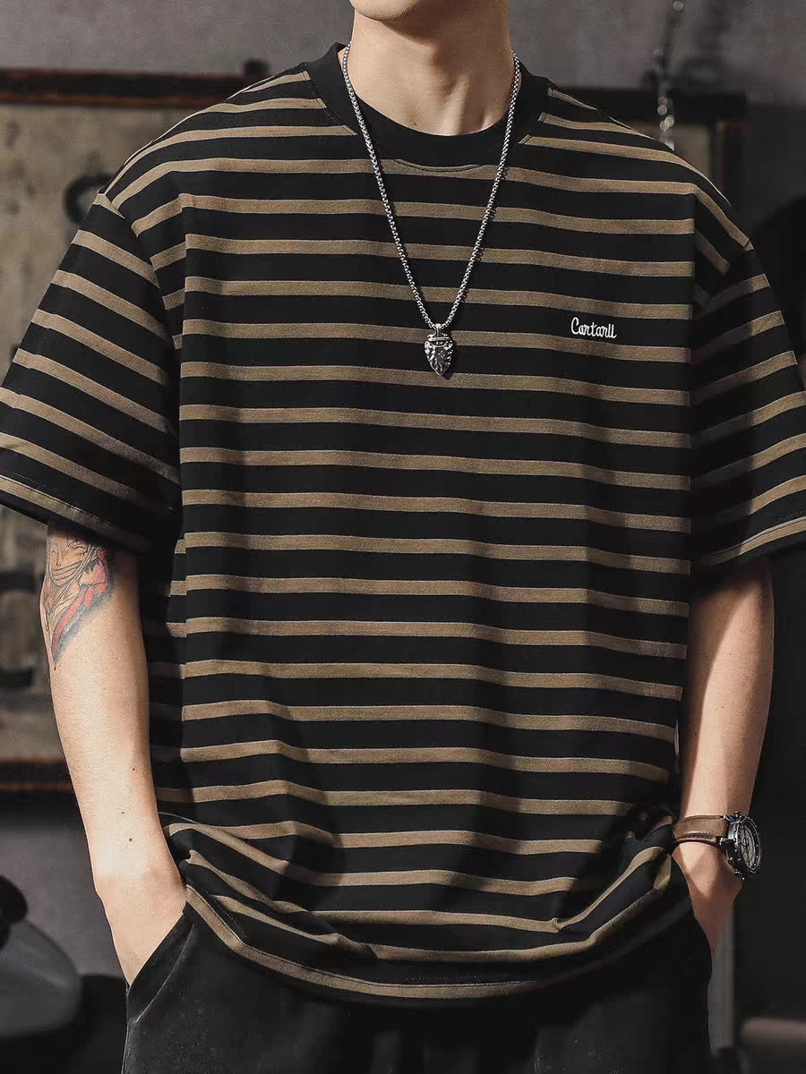 Men Striped Round Neck Oversized T-shirt