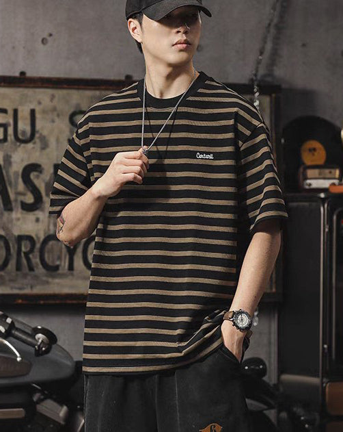 Men Striped Round Neck Oversized T-shirt