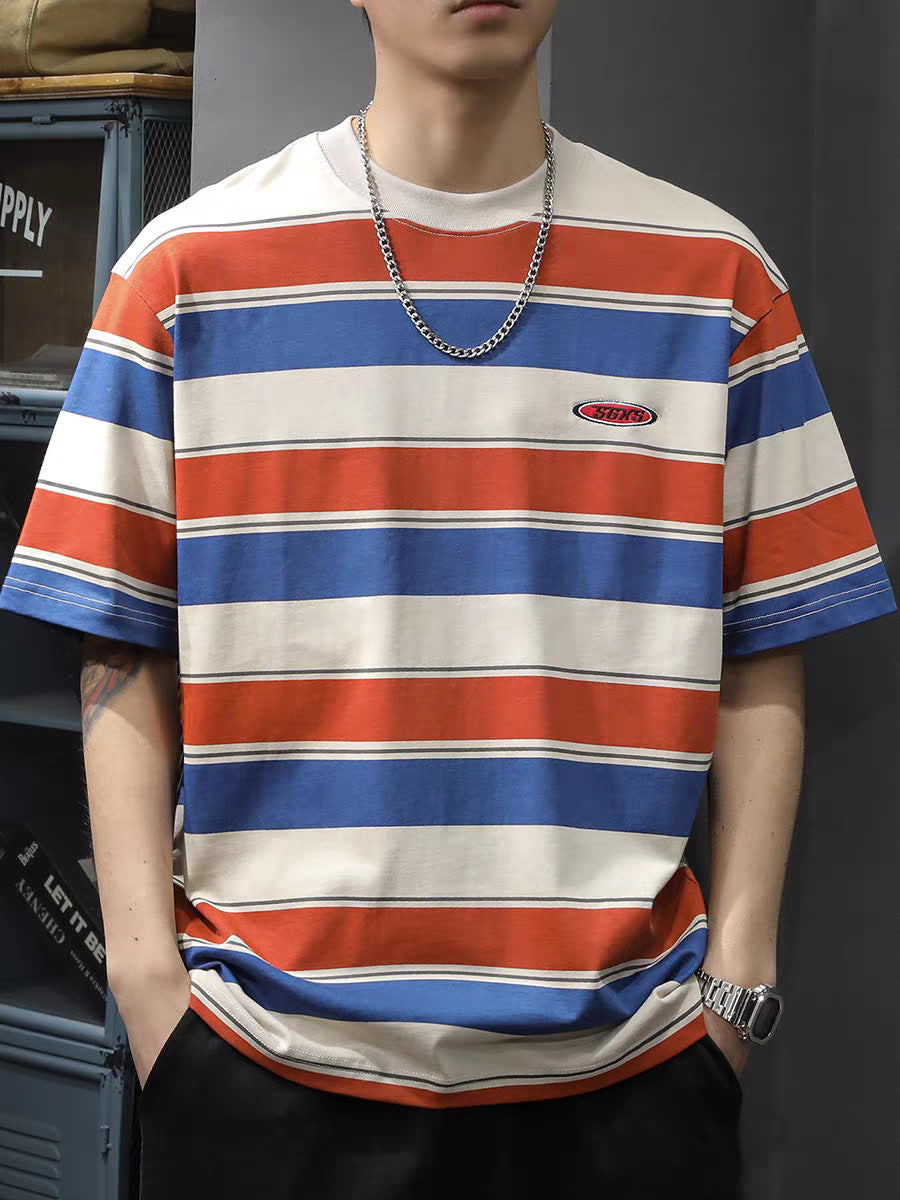 Men Striped Round Neck Oversized T-shirt