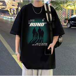 Typography Printed Round Neck Drop Shoulder Oversized Cotton T-shirt