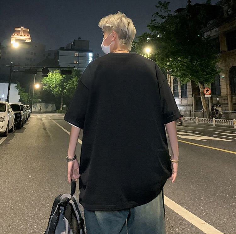Typography Printed Round Neck Drop Shoulder Oversized Cotton T-shirt