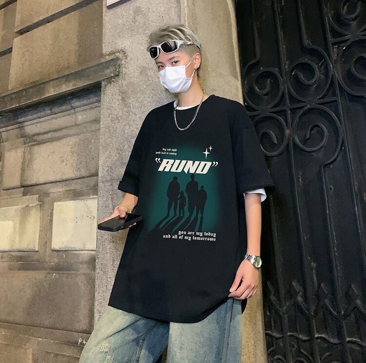 Typography Printed Round Neck Drop Shoulder Oversized Cotton T-shirt