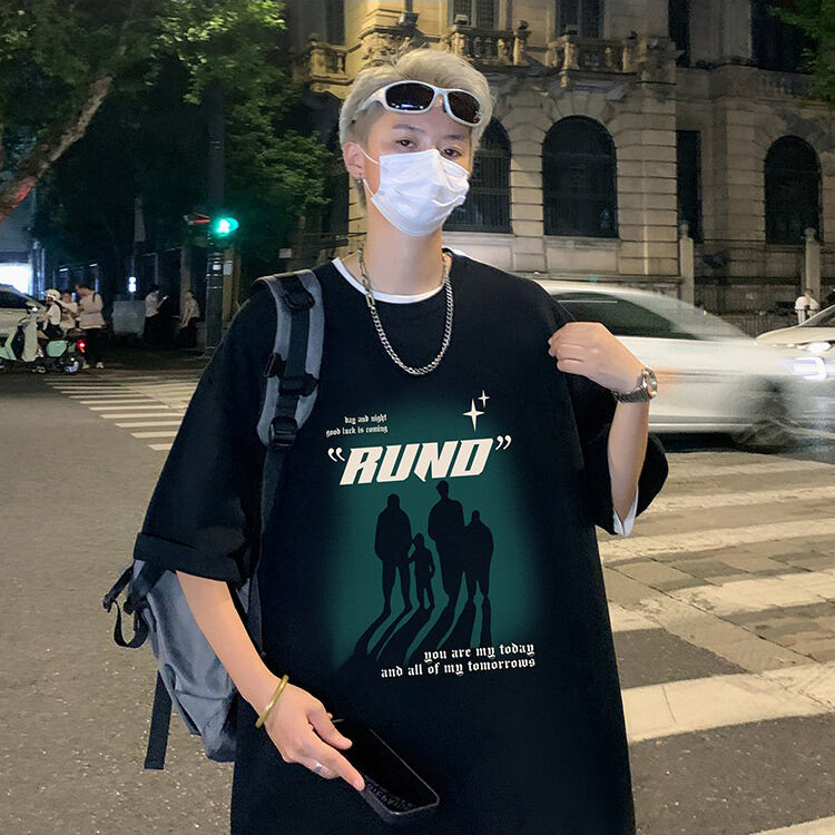 Typography Printed Round Neck Drop Shoulder Oversized Cotton T-shirt