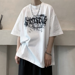 Typography Printed Round Neck Drop Shoulder Oversized Cotton T-shirt