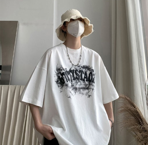 Typography Printed Round Neck Drop Shoulder Oversized Cotton T-shirt