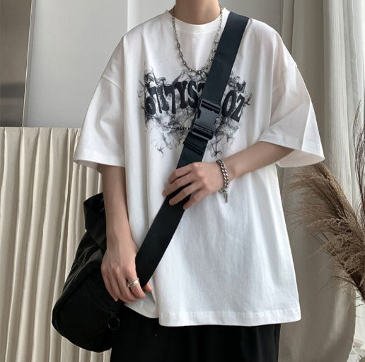 Typography Printed Round Neck Drop Shoulder Oversized Cotton T-shirt