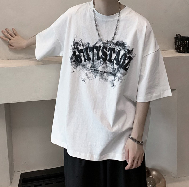Typography Printed Round Neck Drop Shoulder Oversized Cotton T-shirt