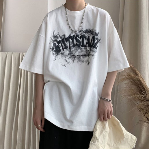 Typography Printed Round Neck Drop Shoulder Oversized Cotton T-shirt