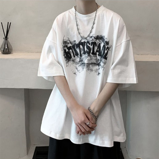 Typography Printed Round Neck Drop Shoulder Oversized Cotton T-shirt