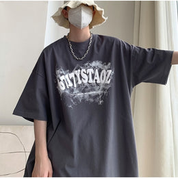 Typography Printed Round Neck Drop Shoulder Oversized Cotton T-shirt