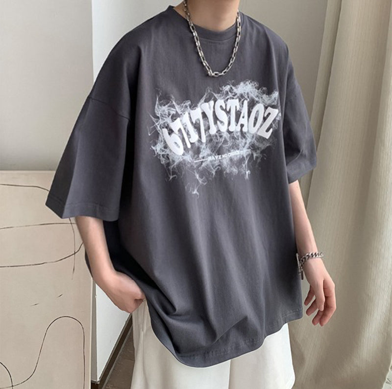 Typography Printed Round Neck Drop Shoulder Oversized Cotton T-shirt