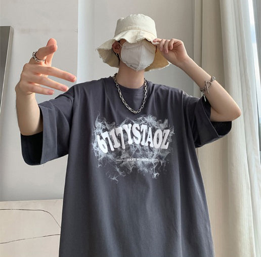 Typography Printed Round Neck Drop Shoulder Oversized Cotton T-shirt