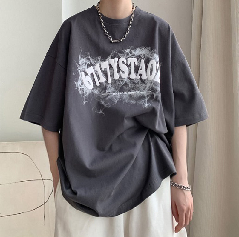 Typography Printed Round Neck Drop Shoulder Oversized Cotton T-shirt