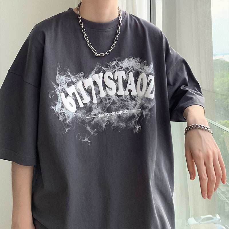 Typography Printed Round Neck Drop Shoulder Oversized Cotton T-shirt
