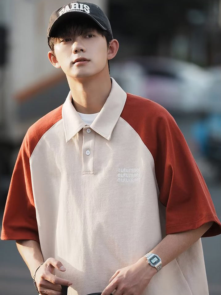 Men Polo Collar Raglan Sleeves T-shirt