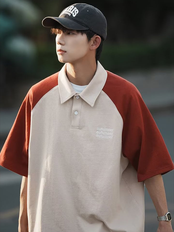 Men Polo Collar Raglan Sleeves T-shirt