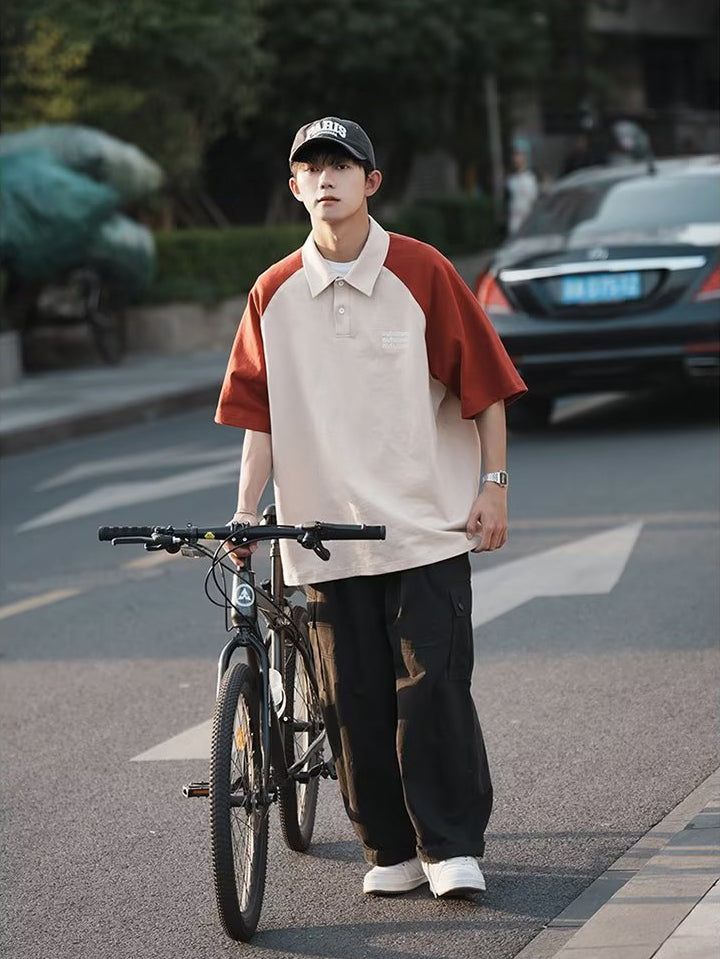 Men Polo Collar Raglan Sleeves T-shirt