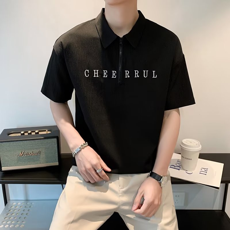 Men Typography Printed Polo Collar Relaxed Fit T-shirt