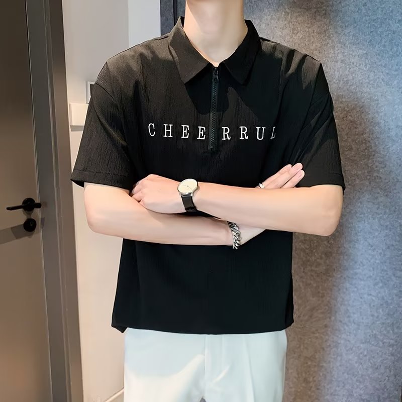 Men Typography Printed Polo Collar Relaxed Fit T-shirt