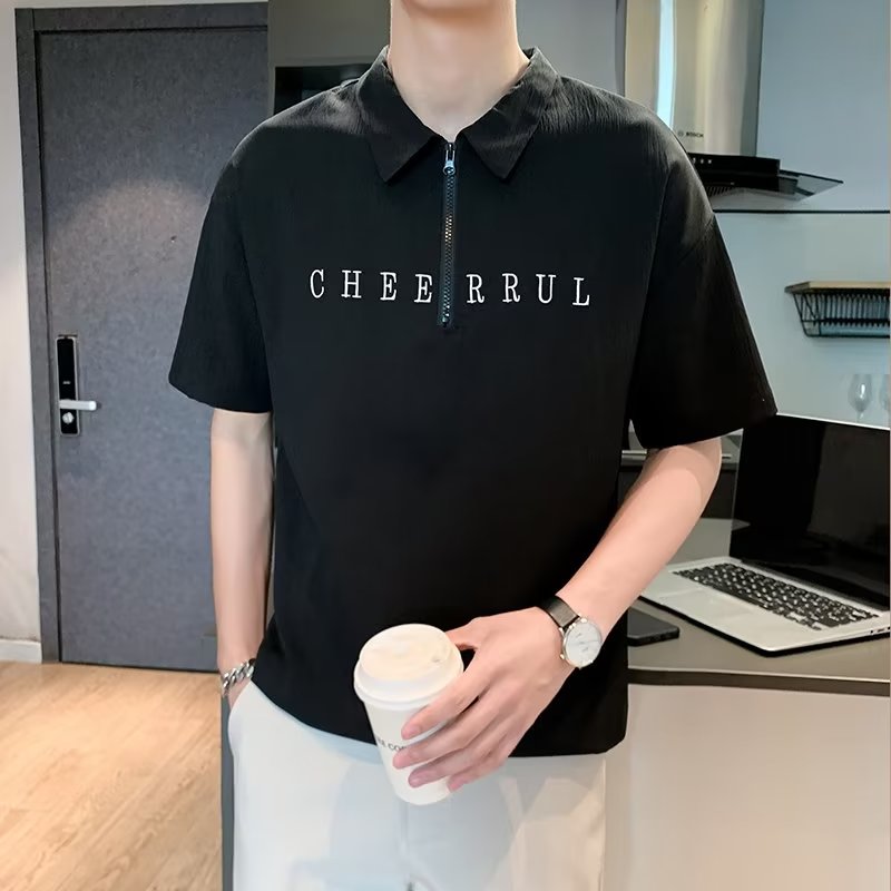 Men Typography Printed Polo Collar Relaxed Fit T-shirt