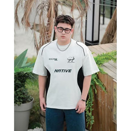 Typography Printed Round Neck Drop-Shoulder Sleeves Oversized T-shirt