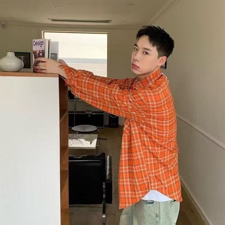 Orange Tartan Checks Relaxed Fit Casual Shirt