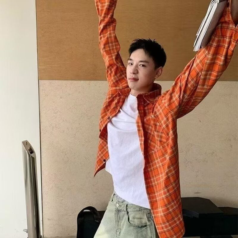 Orange Tartan Checks Relaxed Fit Casual Shirt